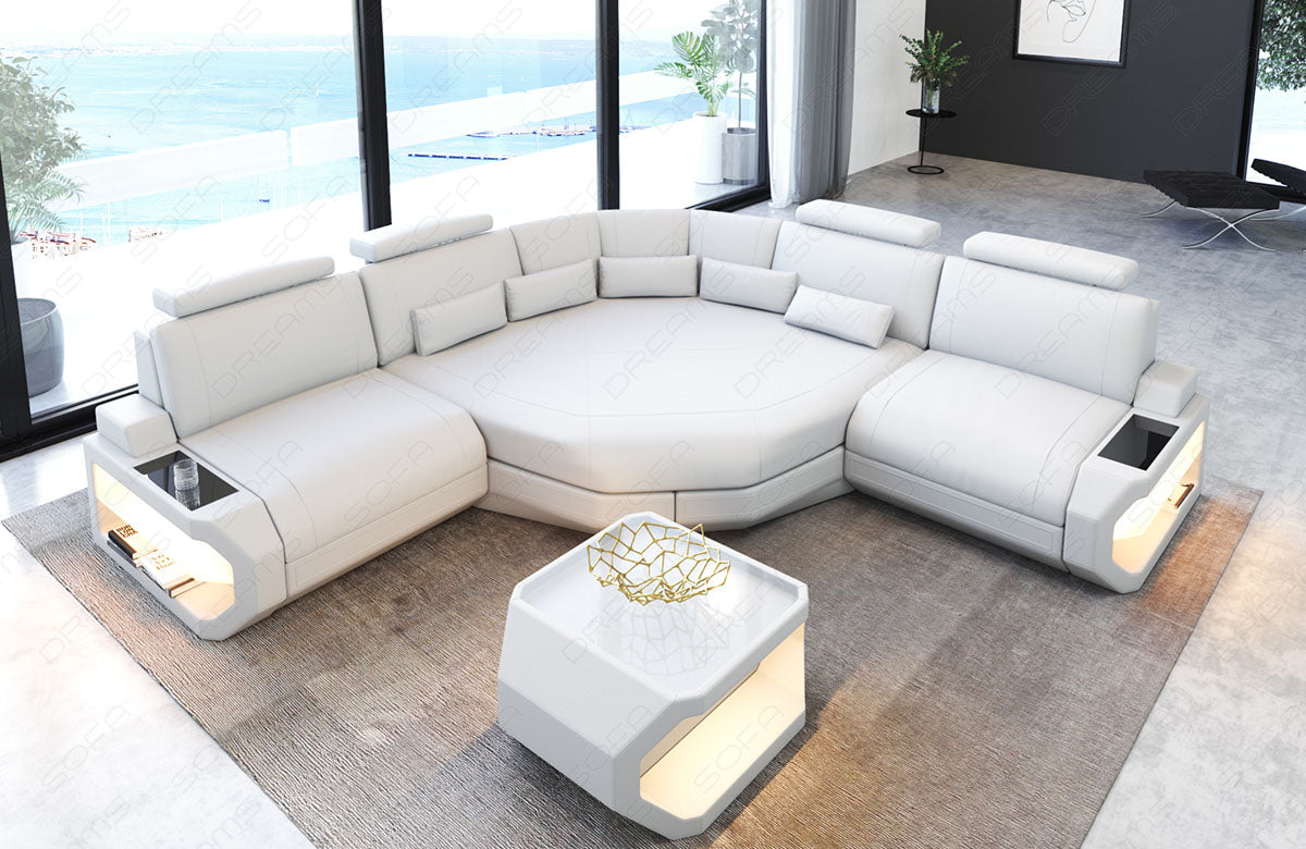 Design Leder Ecksofa Asti L Mini mit LED Beleuchtung in weiß