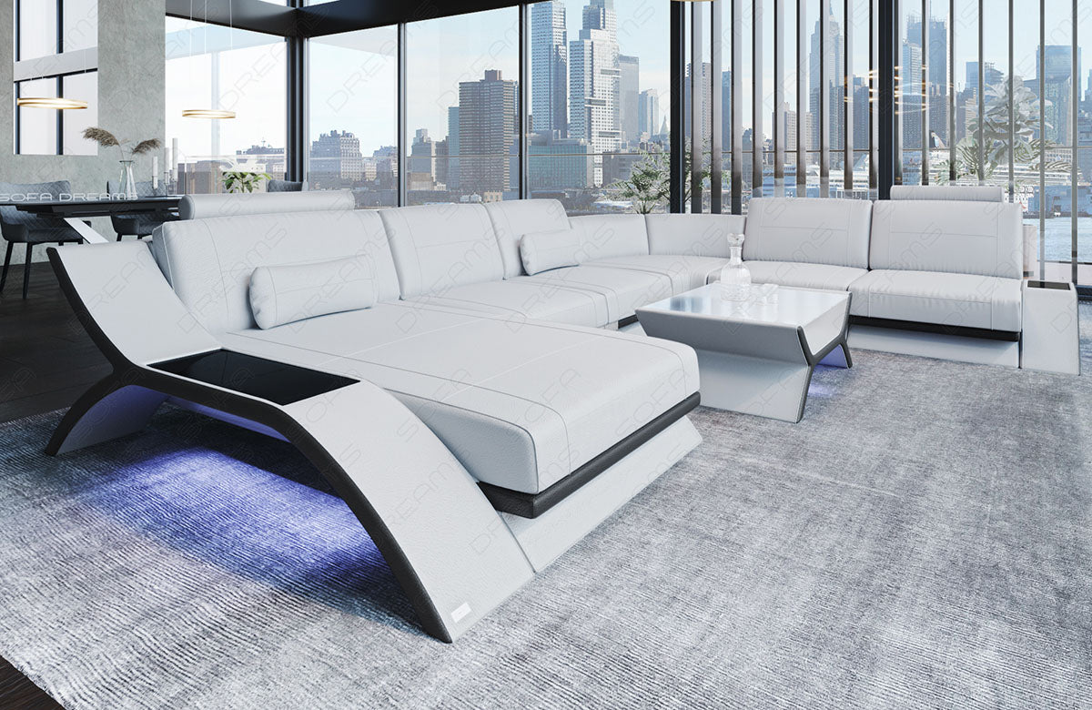 Leder XL Wohnlandschaft Calabria in weiss - schwarz