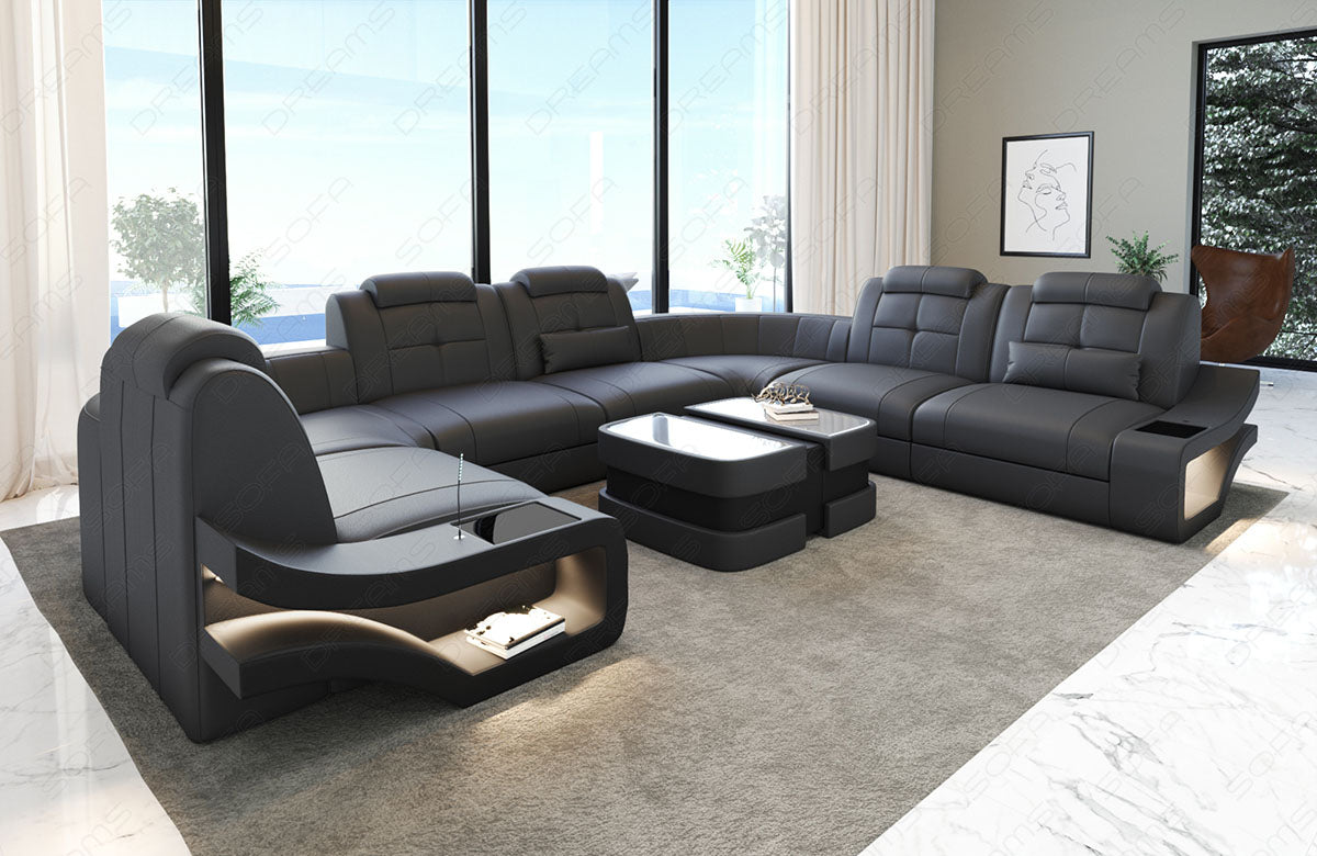 U Form Ledersofa Elena mit LED Beleuchtung in grau-schwarz