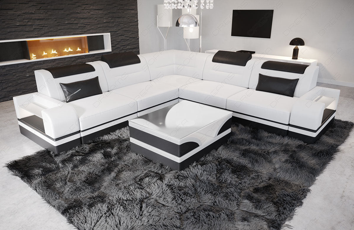 Leder Ecksofa Trivento L Form modern in weiß-schwarz