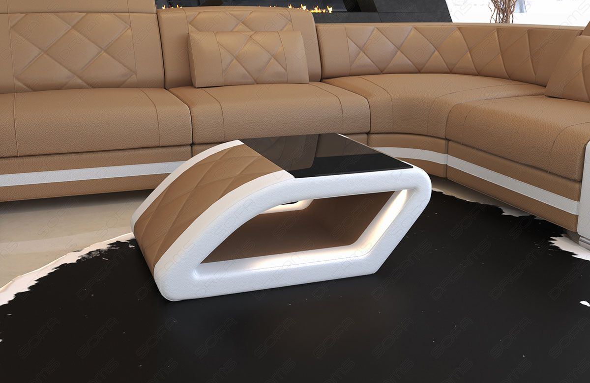 Design Couchtisch Swing in Leder hellbraun mit Tischplatte aus schwarzem Glas