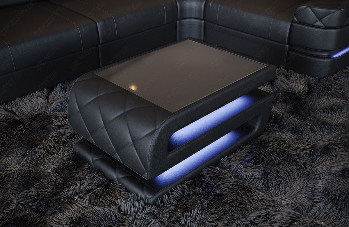 Ledercouchtisch Bologna in schwarz mit optionaler LED Beleuchtung
