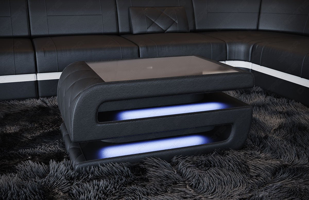 Ledercouchtisch Bologna in schwarz mit optionaler LED Beleuchtung