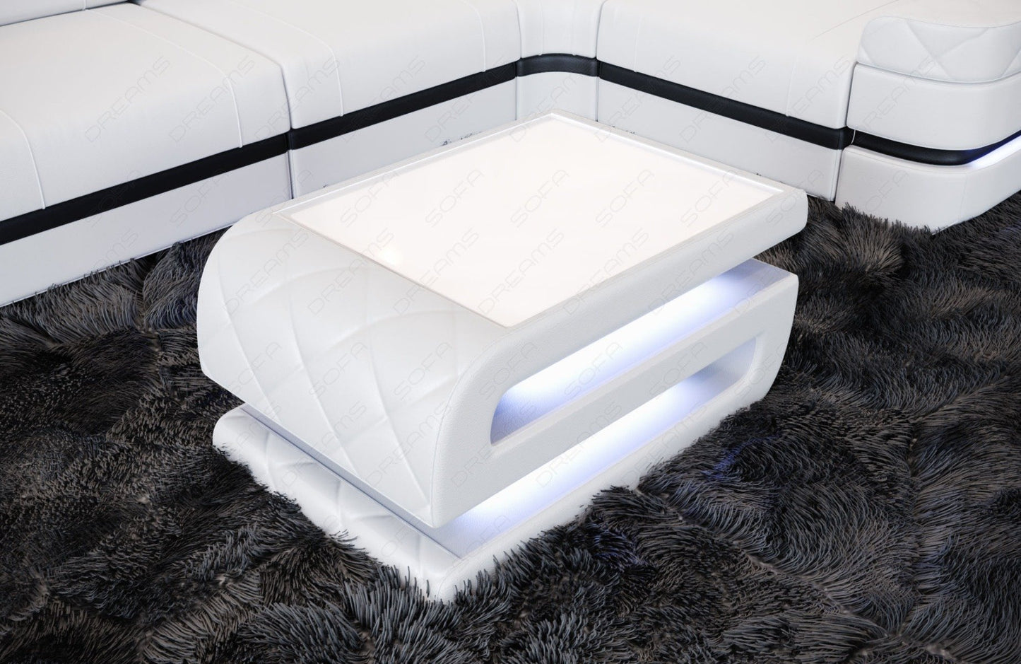 Ledercouchtisch Bologna in weiß mit optionaler LED Beleuchtung
