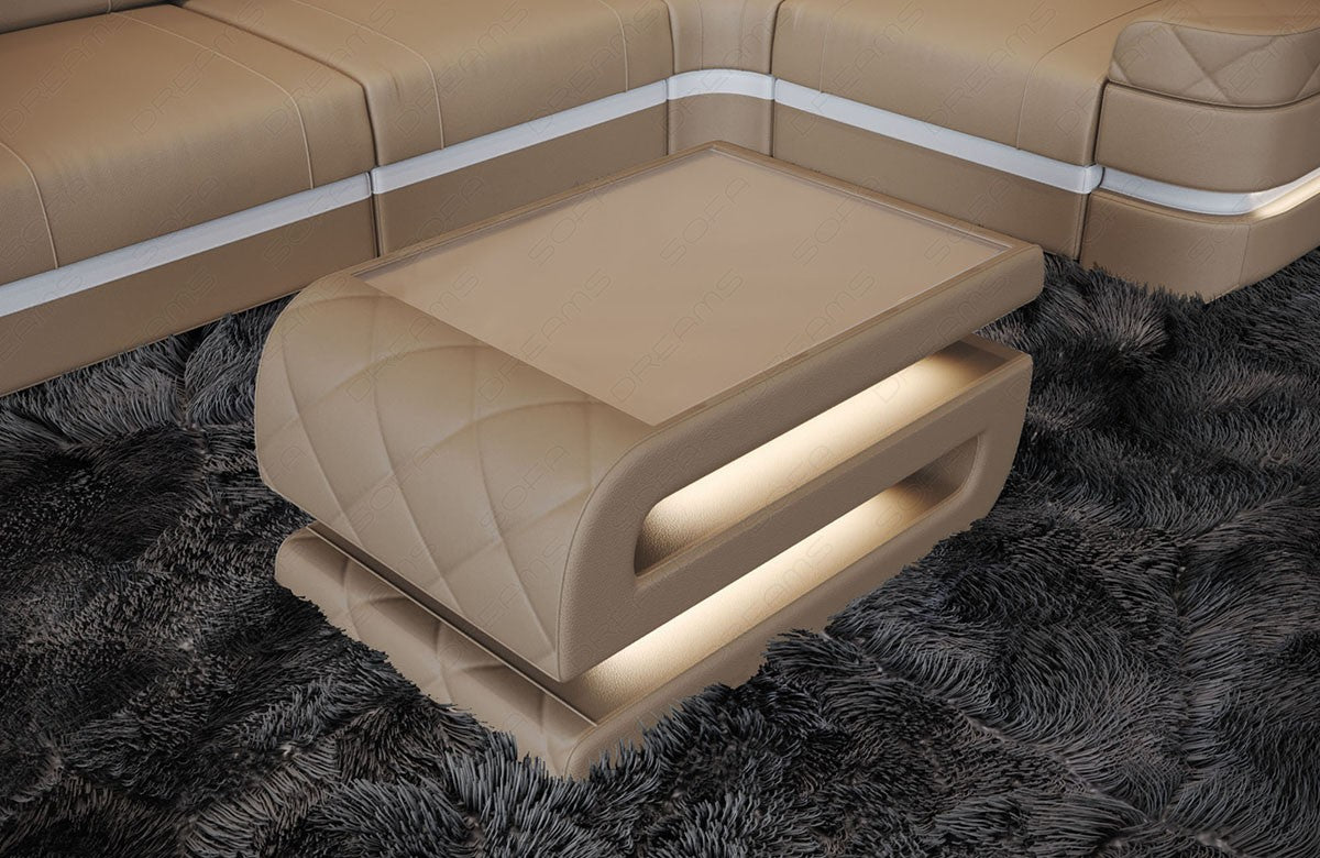 Ledercouchtisch Bologna in sandbeige mit optionaler LED Beleuchtung