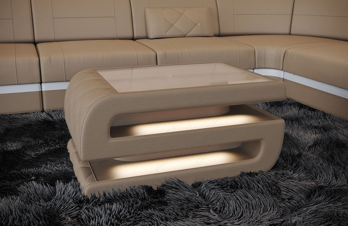 Ledercouchtisch Bologna in sandbeige mit optionaler LED Beleuchtung