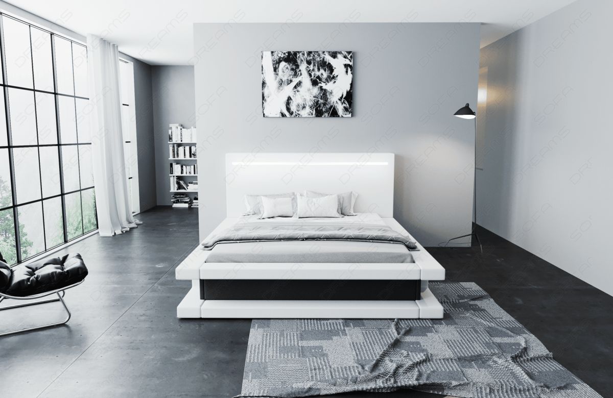 Designer Bett Faenza mit LED Beleuchtung - Kunstleder weiß-schwarz