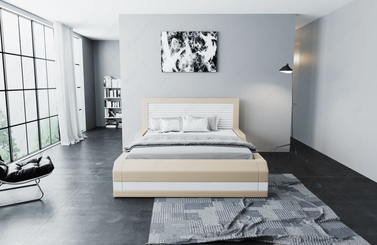Das moderne Designerbett Treviso mit LED in beige-weiß