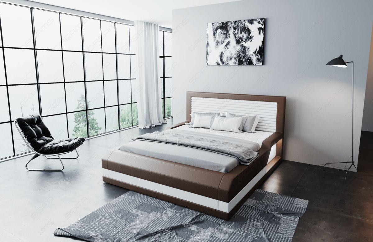 Das moderne Designerbett Treviso mit LED in dunkelbraun-weiß