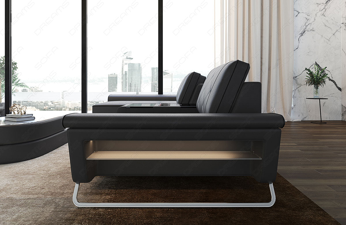 Detailansicht der kleinen Armlehne beim Sofa Bari L Form in grau-schwarz