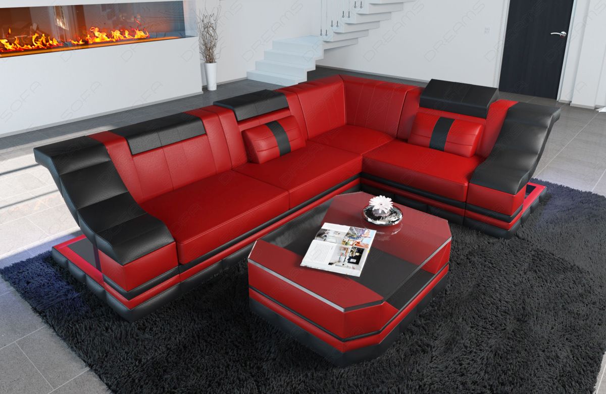 Modernes Leder Ecksofa Bianchi L Form mit LED-Beleuchtung in rot-schwarz