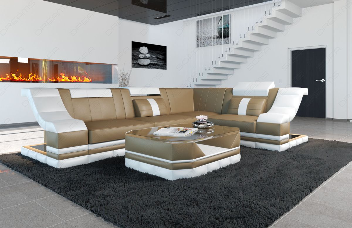 Modernes Leder Ecksofa Bianchi L Form mit LED-Beleuchtung in sandbeige-weiß