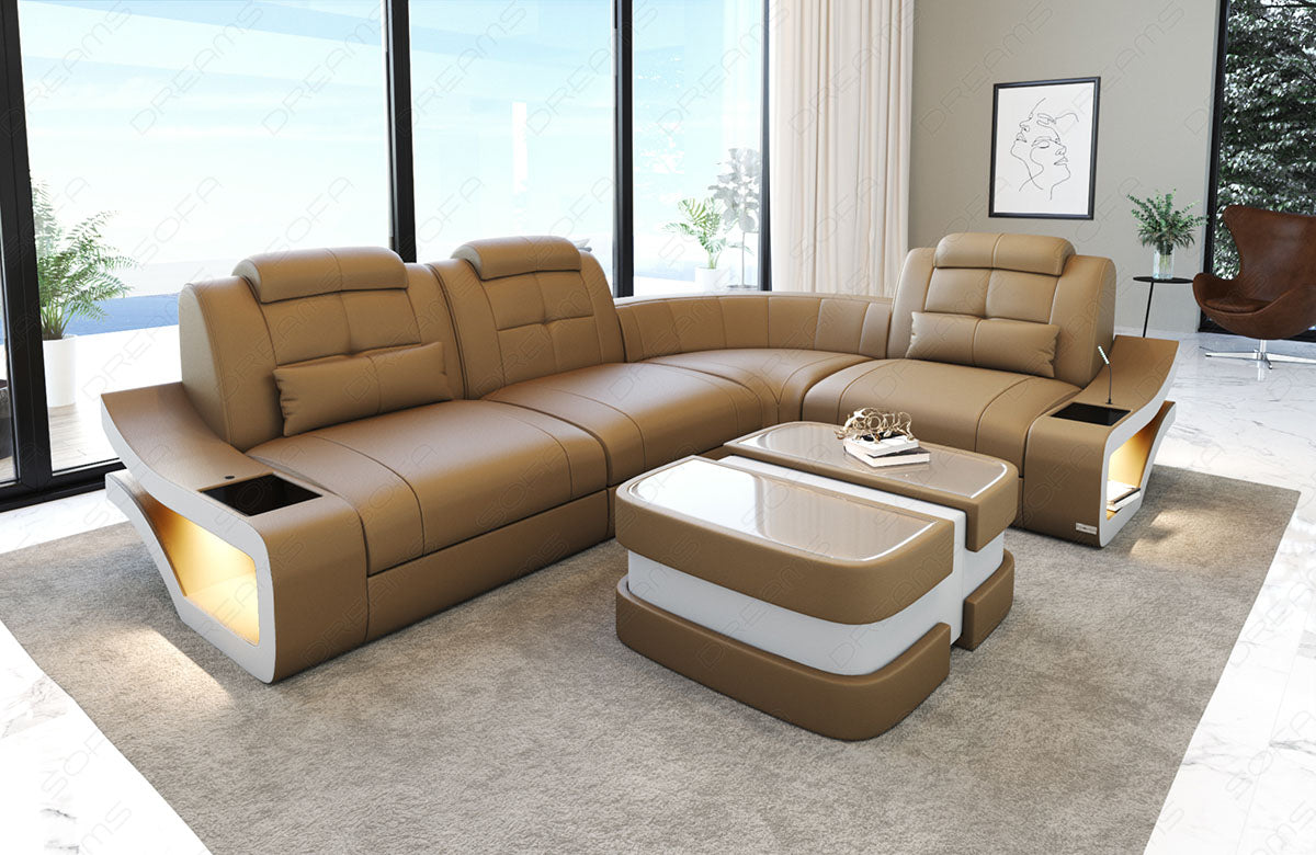 Leder Ecksofa Elena L Form in sandbeige-weiß