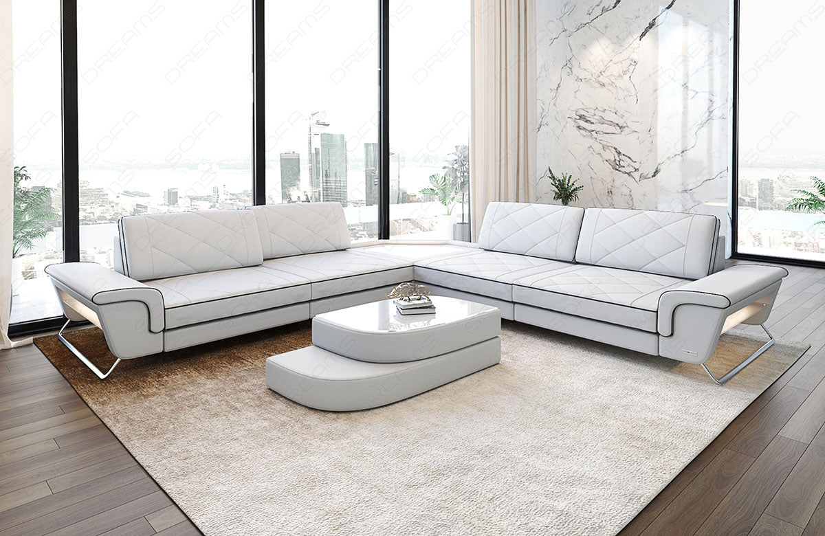 Design Leder Ecksofa Sepino L Form in weiß-schwarz