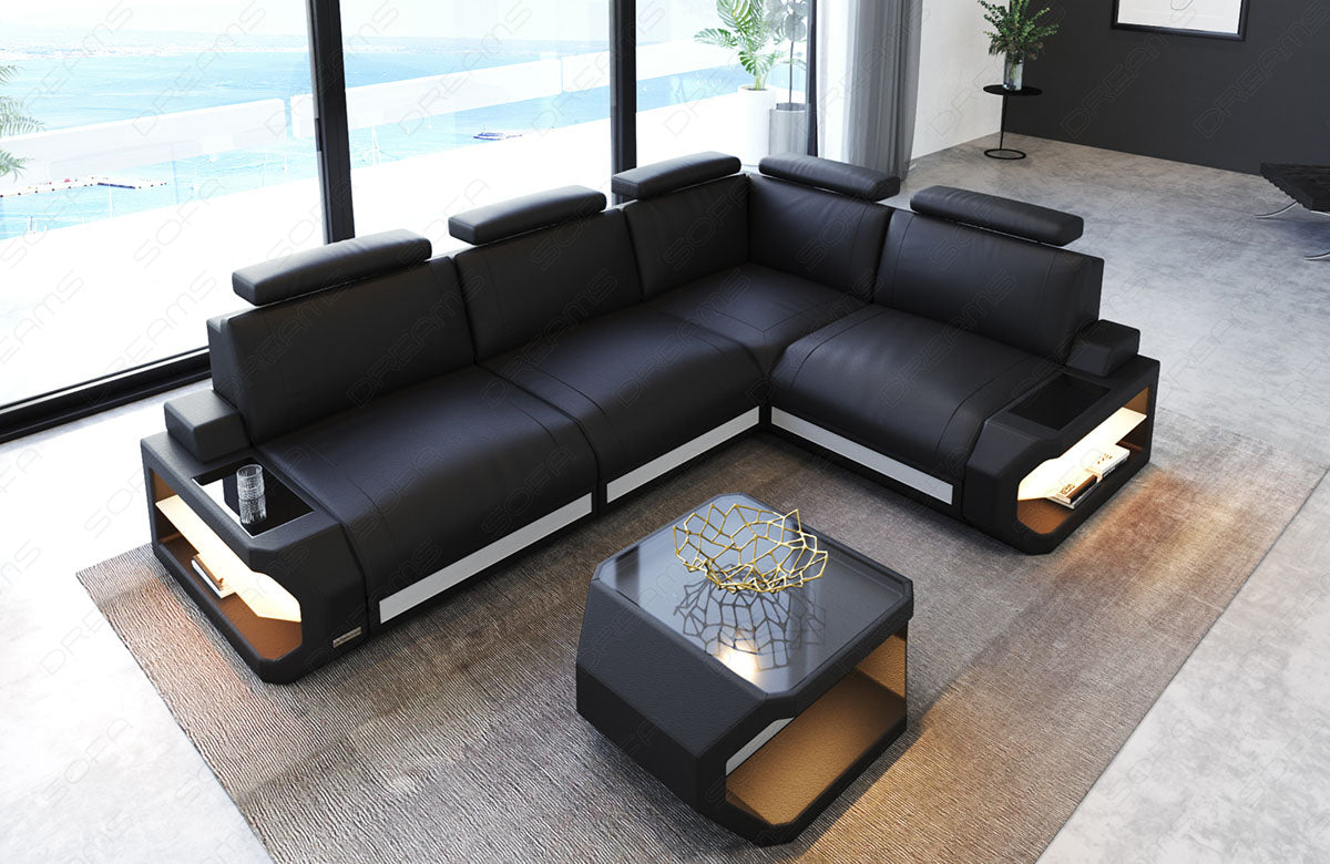 Modernes Leder Ecksofa Siena L Form in schwarz-weiß