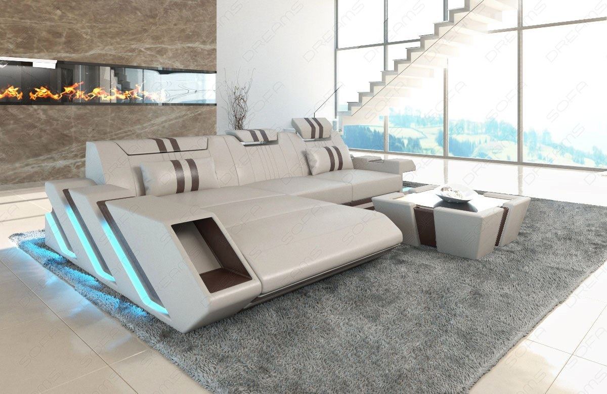 Ledersofa Apollonia L Form mit LED und USB in beige-dunkelbraun