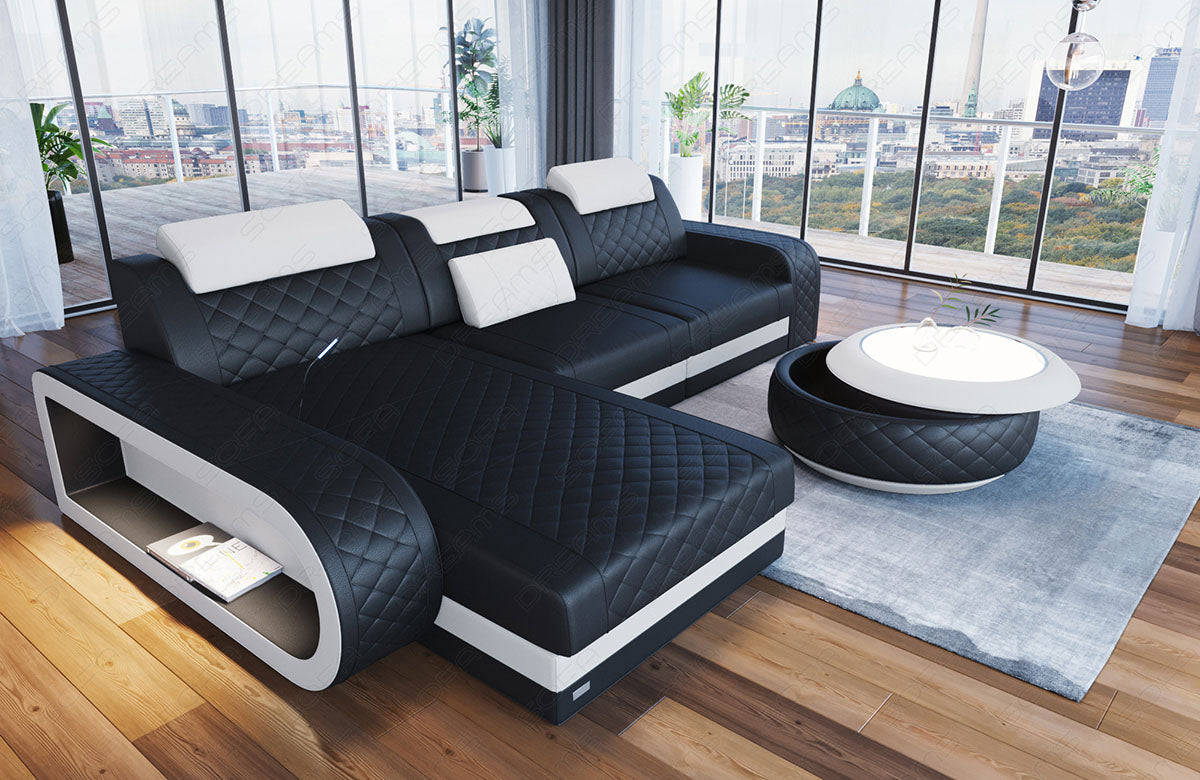 Leder Ecksofa Berlin L Form Mini in schwarz-weiß
