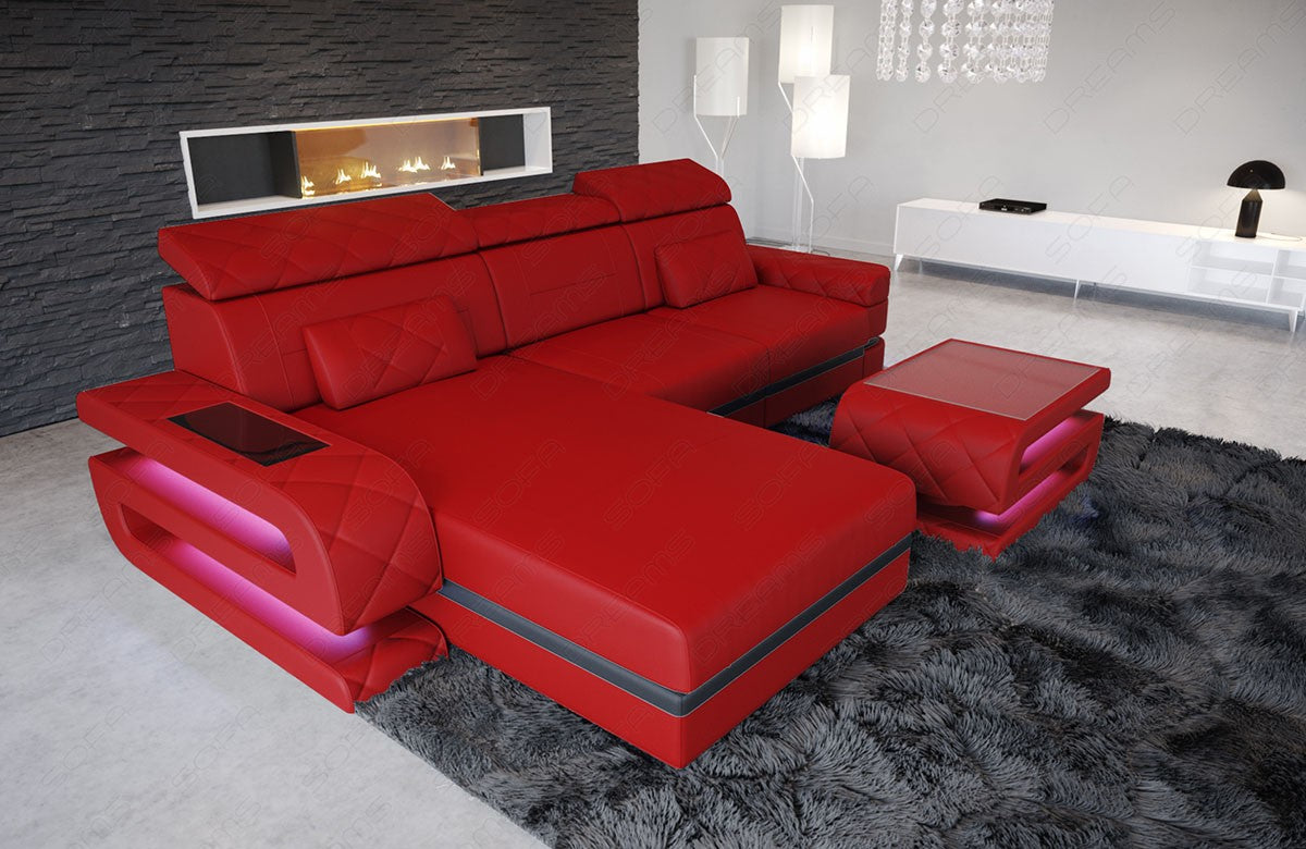 Design Ledersofa Bologna L Form in rot-schwarz
