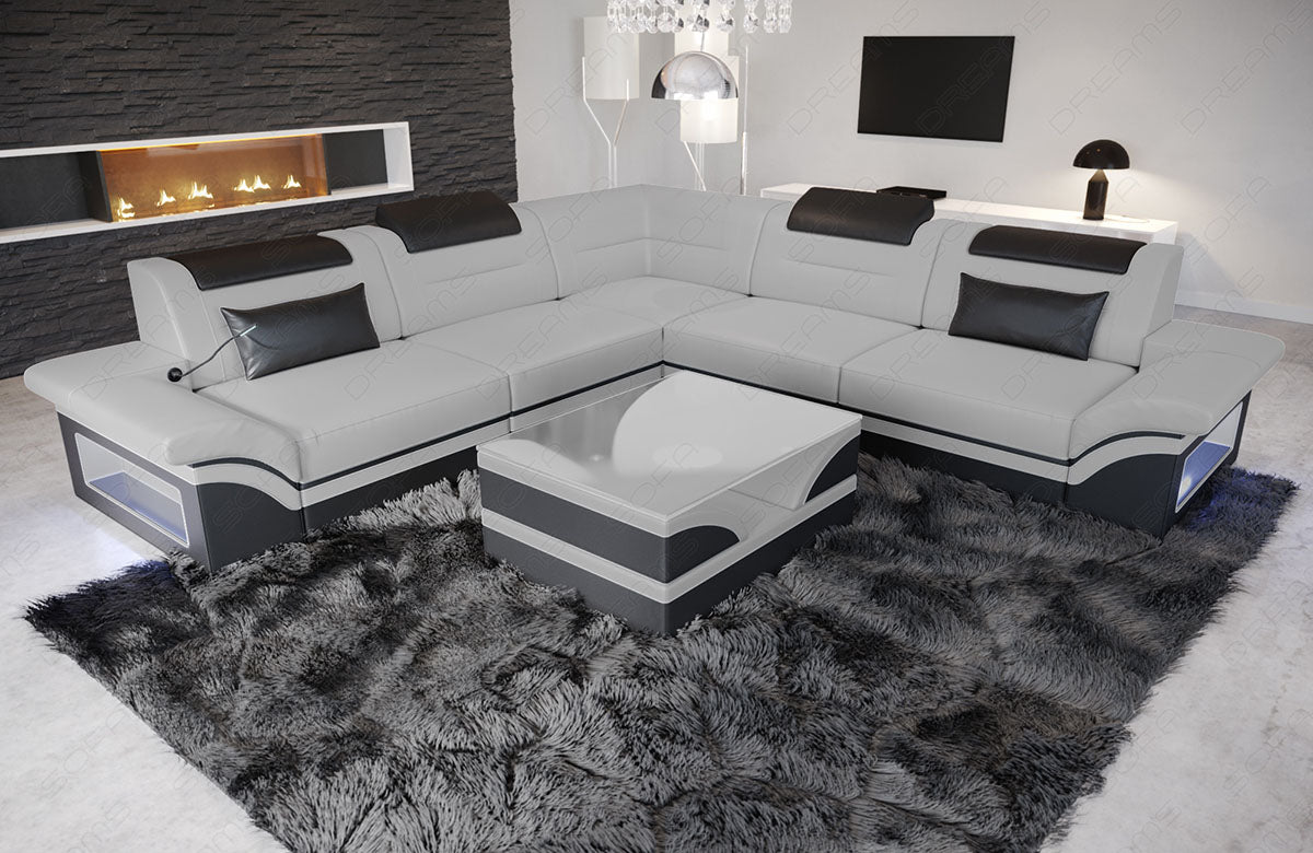 Ledersofa Brianza L Form in hellgrau-schwarz