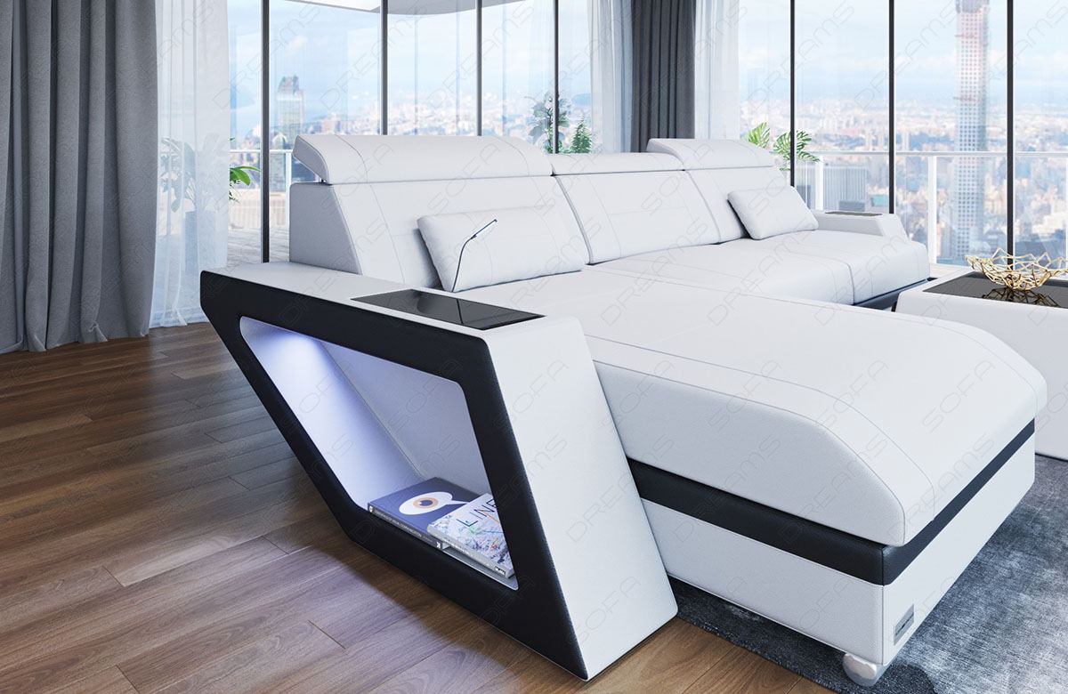 Leder Ecksofa Catania L Form in weiss - schwarz