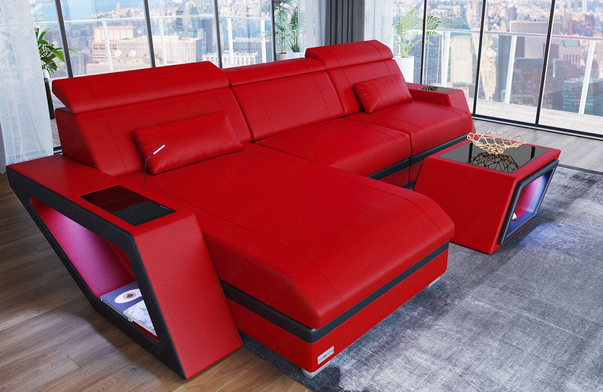 Leder Ecksofa Catania L Form in rot - schwarz