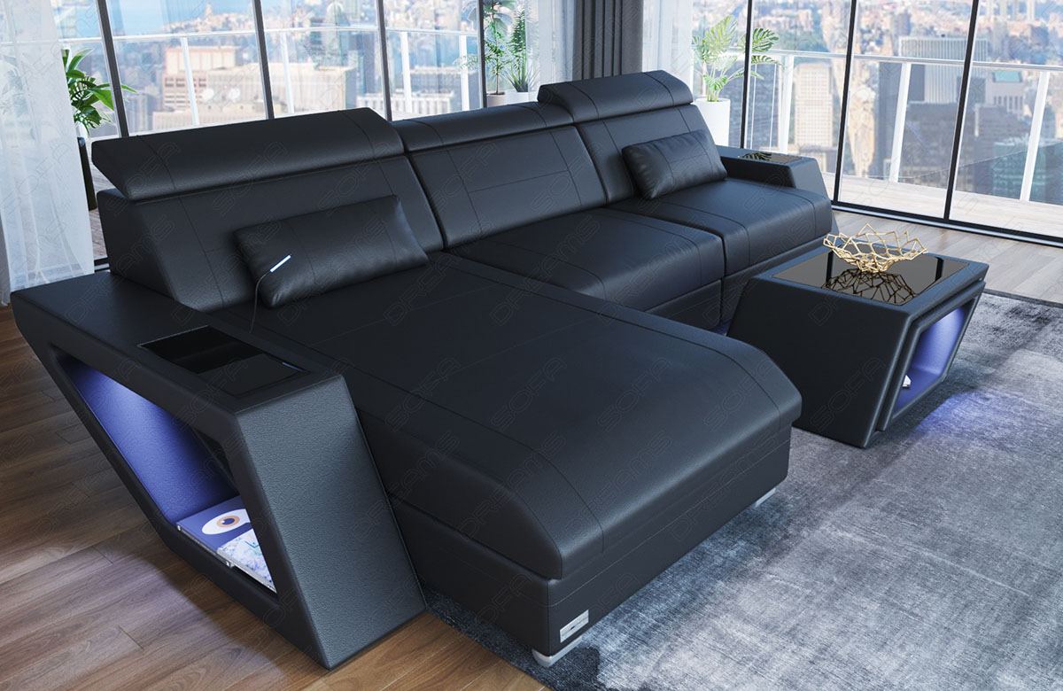 Mini L Form Ledersofa Catania mit LED Licht und USB - schwarz