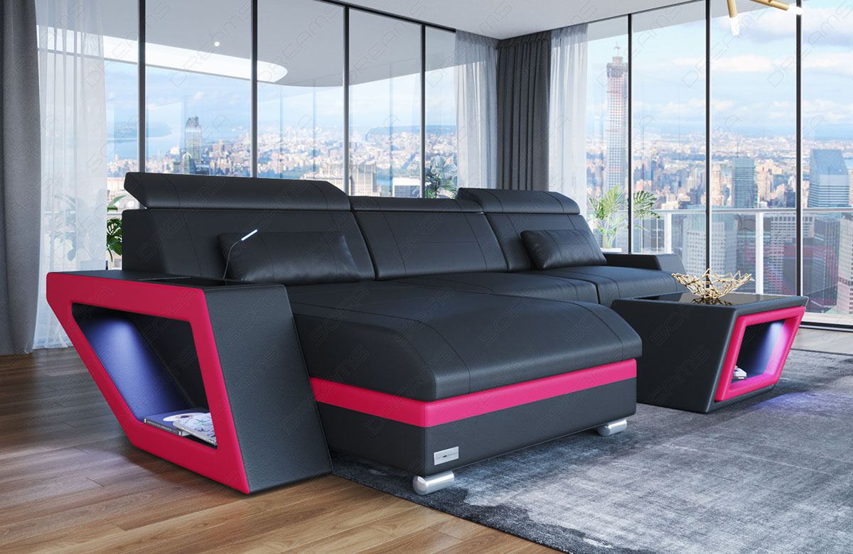 Mini L Form Ledersofa Catania mit LED Licht und USB - schwarz - pink