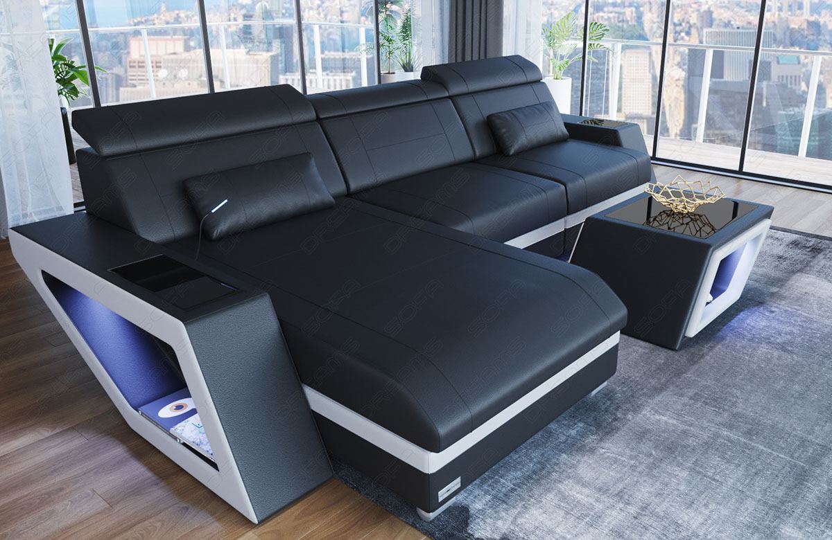Leder Ecksofa Catania L Form in schwarz - weiss