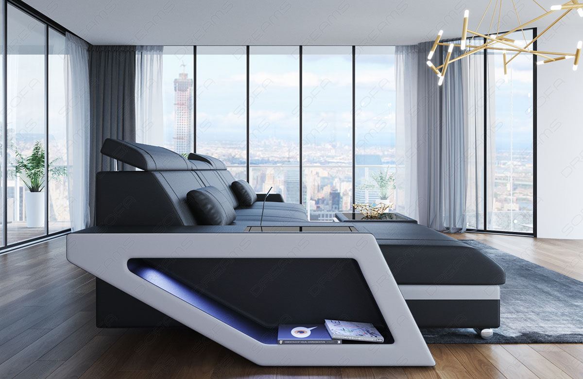 Mini L Form Ledersofa Catania mit LED Licht und USB - schwarz - weiss