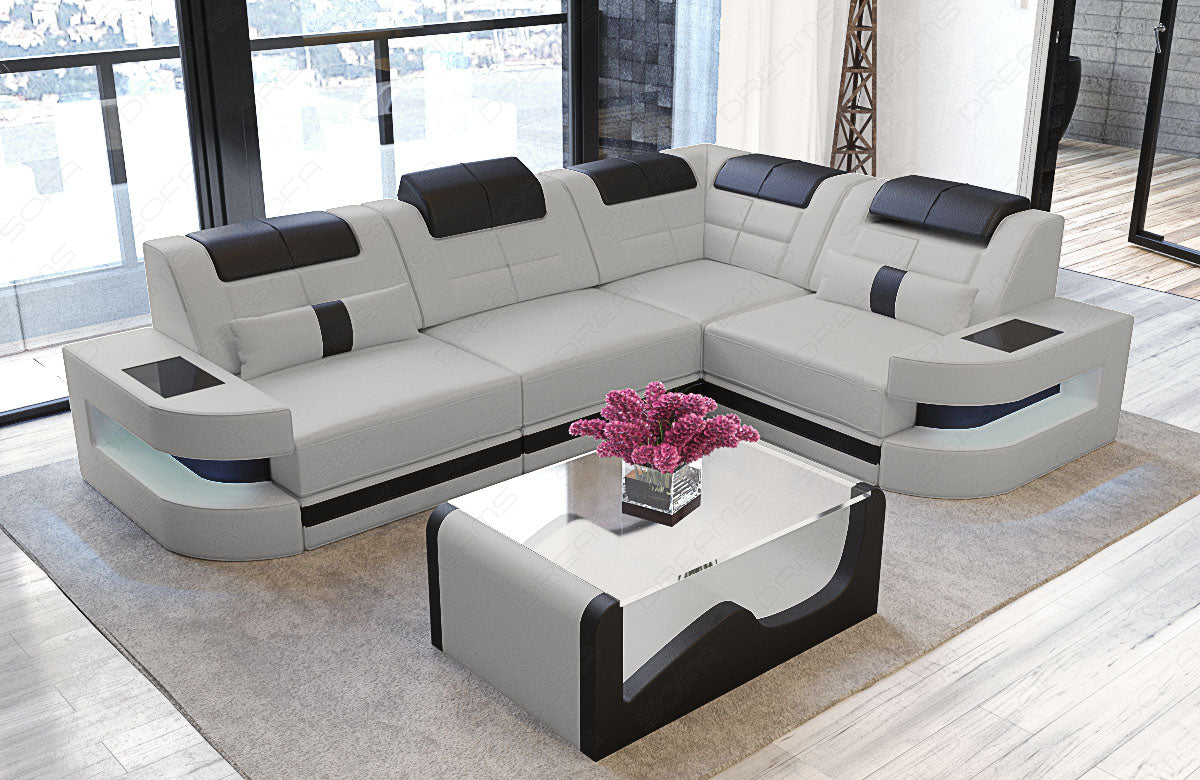 Ledersofa Como L Form in hellgrau-schwarz
