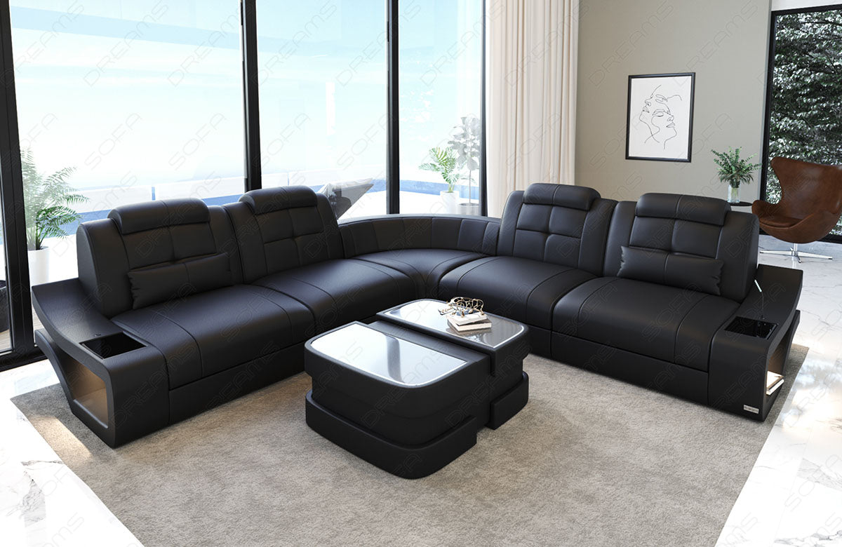 Luxus Leder Ecksofa Elena L Form lang in schwarz
