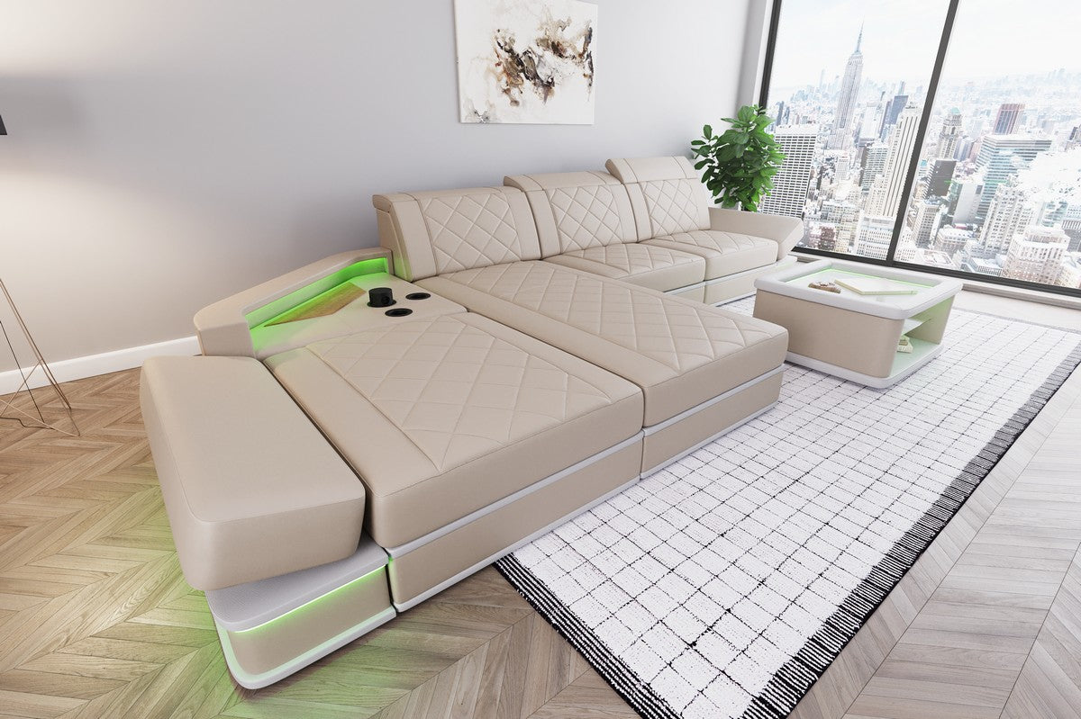 Luxus Leder Ecksofa Perugia L Form mit Multifunktionsecke in beige-weiß