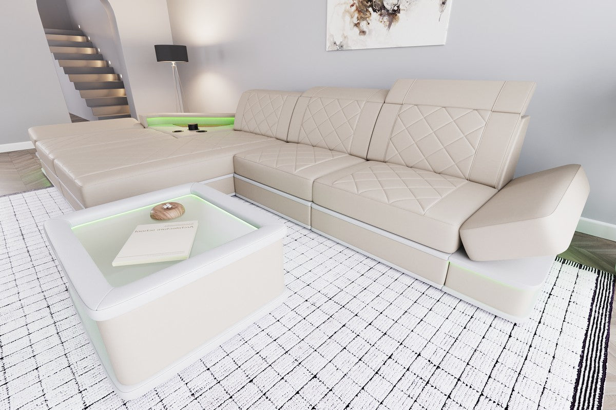 Leder Ecksofa Perugia L Form mit Multifunktionsecke in beige-weiß