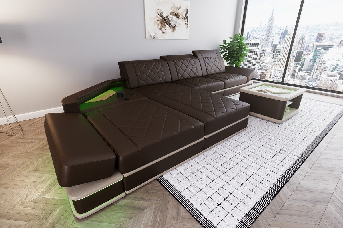 Luxus Leder Ecksofa Perugia L Form mit Multifunktionsecke in dunkelbraun-weiß