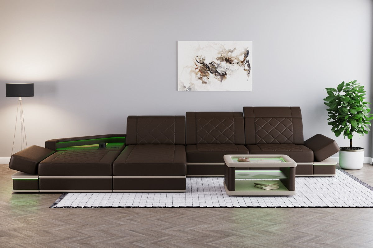 Leder Ecksofa Perugia L Form mit Multifunktionsecke in dunkelbraun-weiß