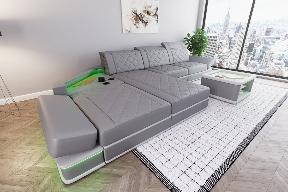 Luxus Leder Ecksofa Perugia L Form mit Multifunktionsecke in grau-weiß