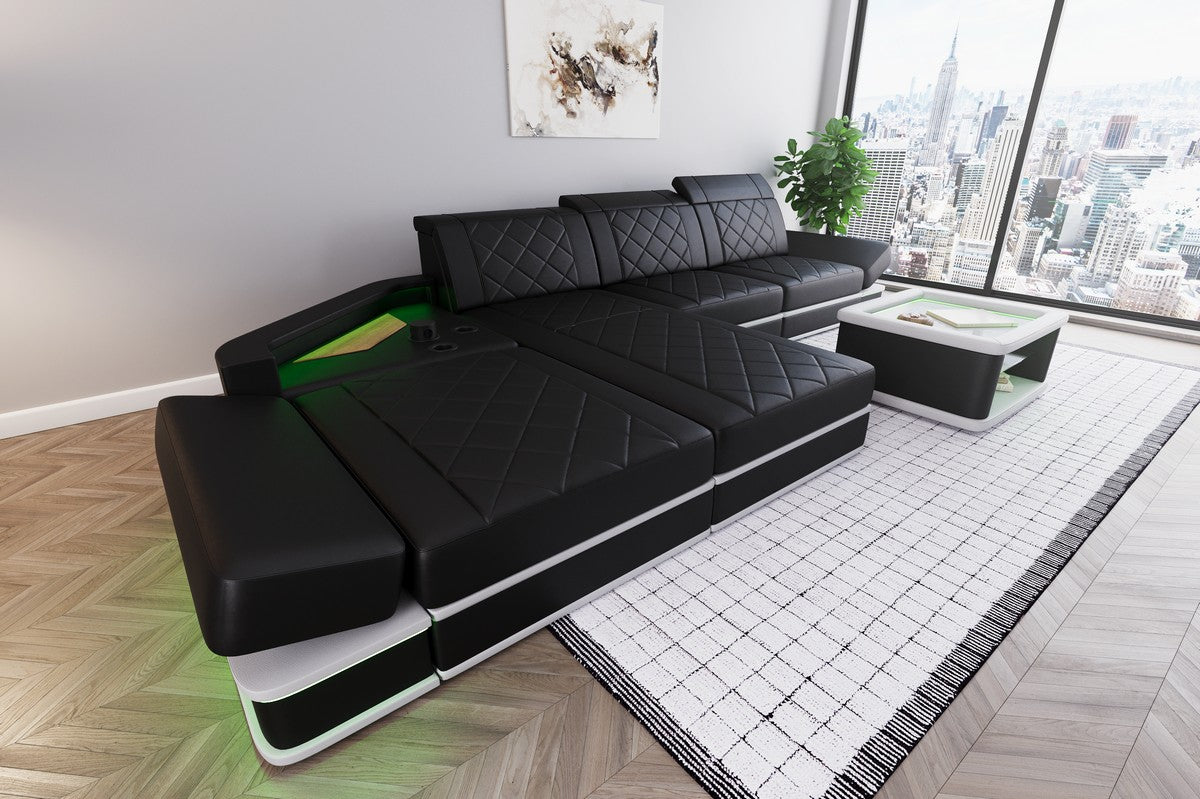 Luxus Leder Ecksofa Perugia L Form mit Multifunktionsecke in schwarz-weiß