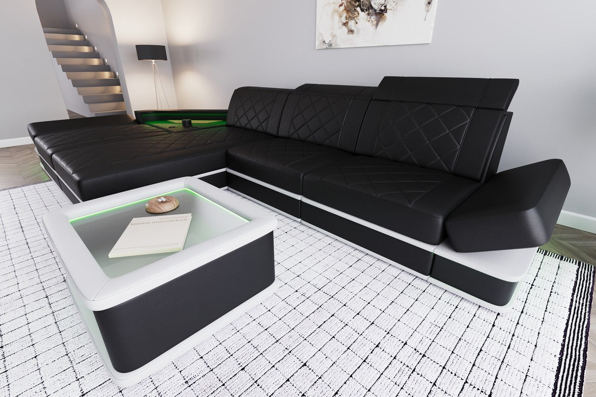 Leder Ecksofa Perugia L Form mit Multifunktionsecke in schwarz-weiß