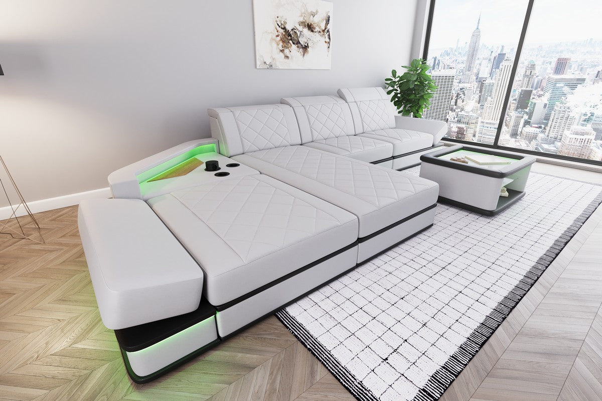 Luxus Leder Ecksofa Perugia L Form mit Multifunktionsecke in weiß-schwarz