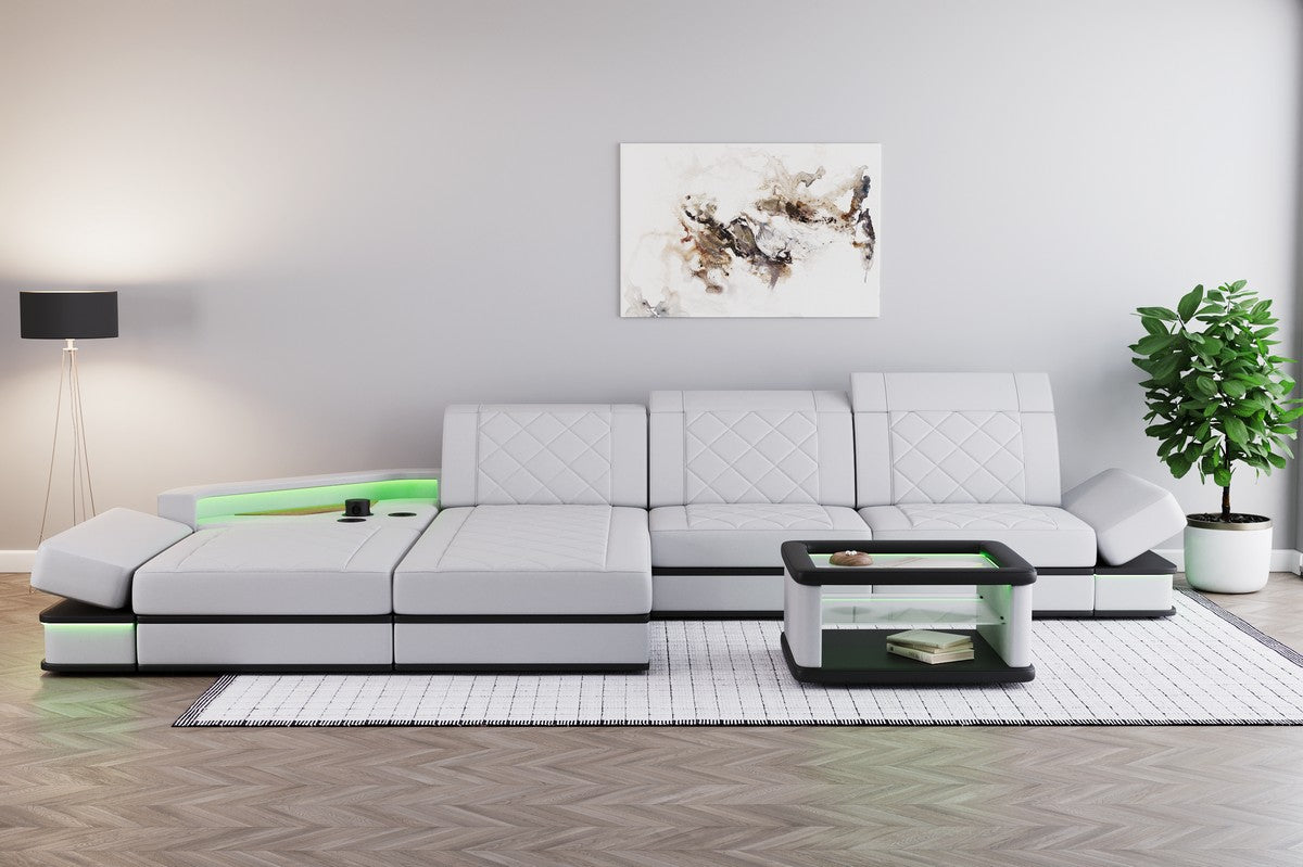 Leder Ecksofa Perugia L Form mit Multifunktionsecke in grau-weiß
