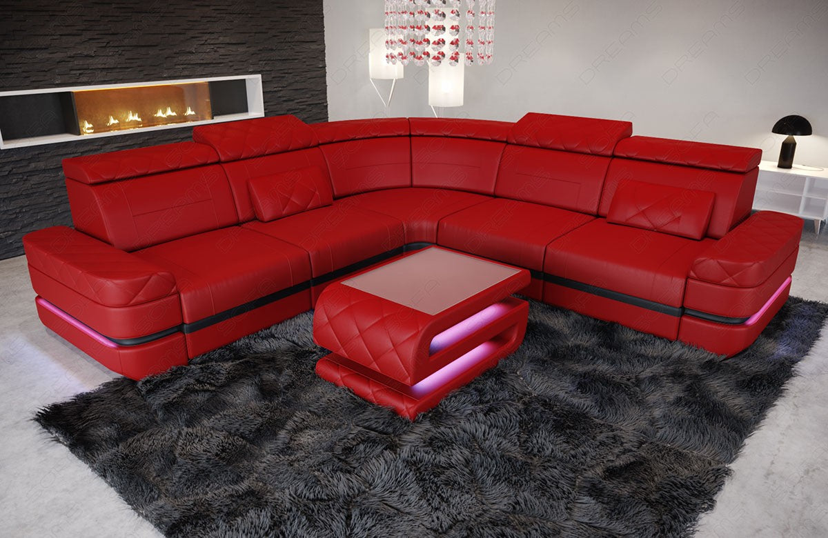 Leder Design Ecksofa Positano L Form in Rot-Schwarz