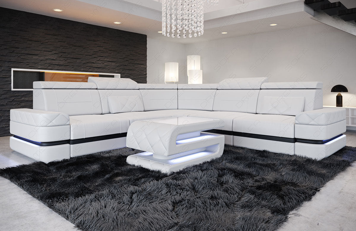 Modernes Eck Ledersofa Positano L Form in weiss - schwarz