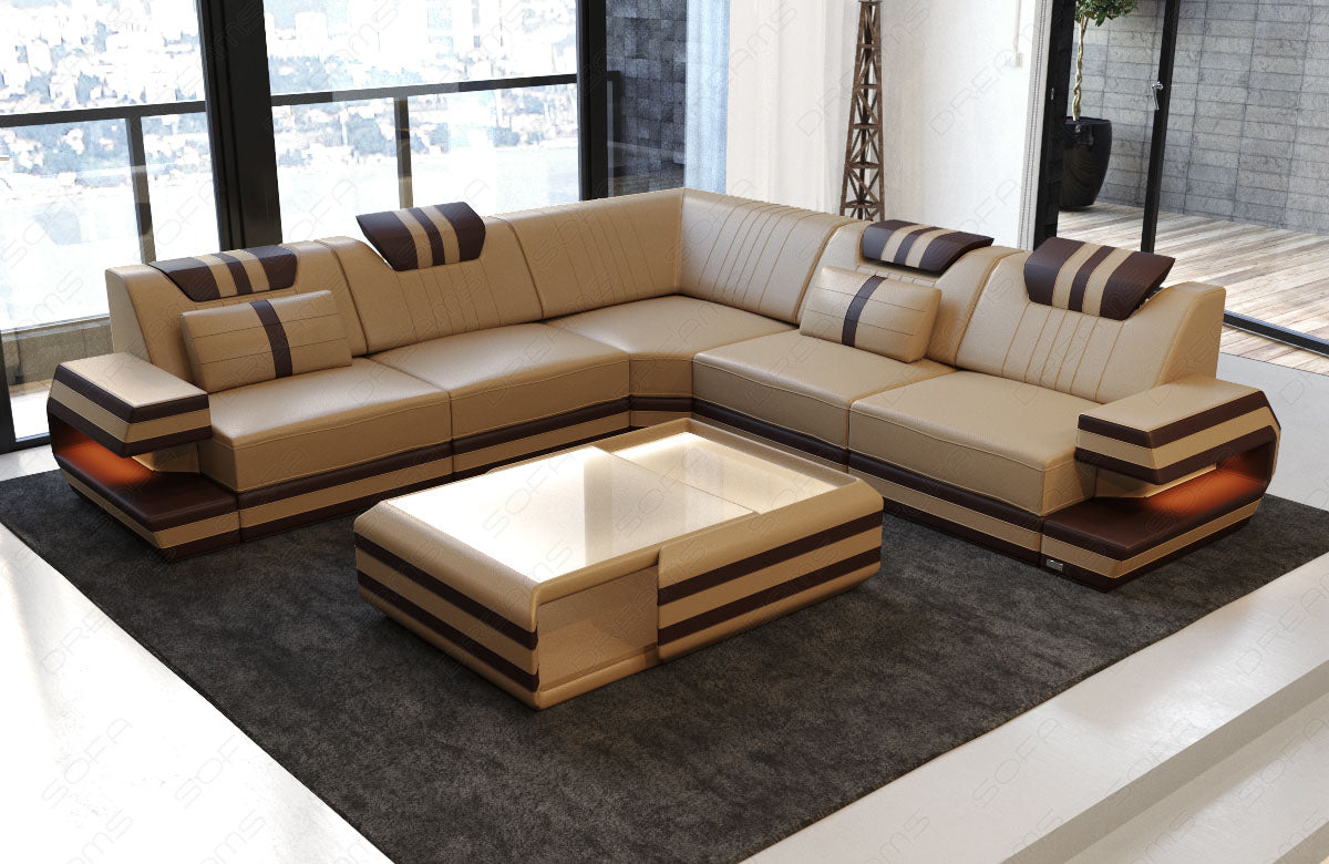Design Leder Ecksofa Ragusa L Form in sandbeige-dunkelbraun