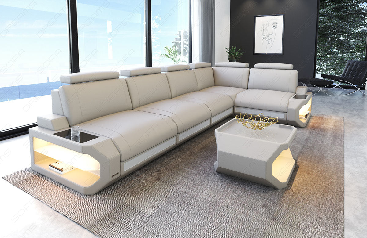 Leder Ecksofa Siena L Form lang in beige-weiß