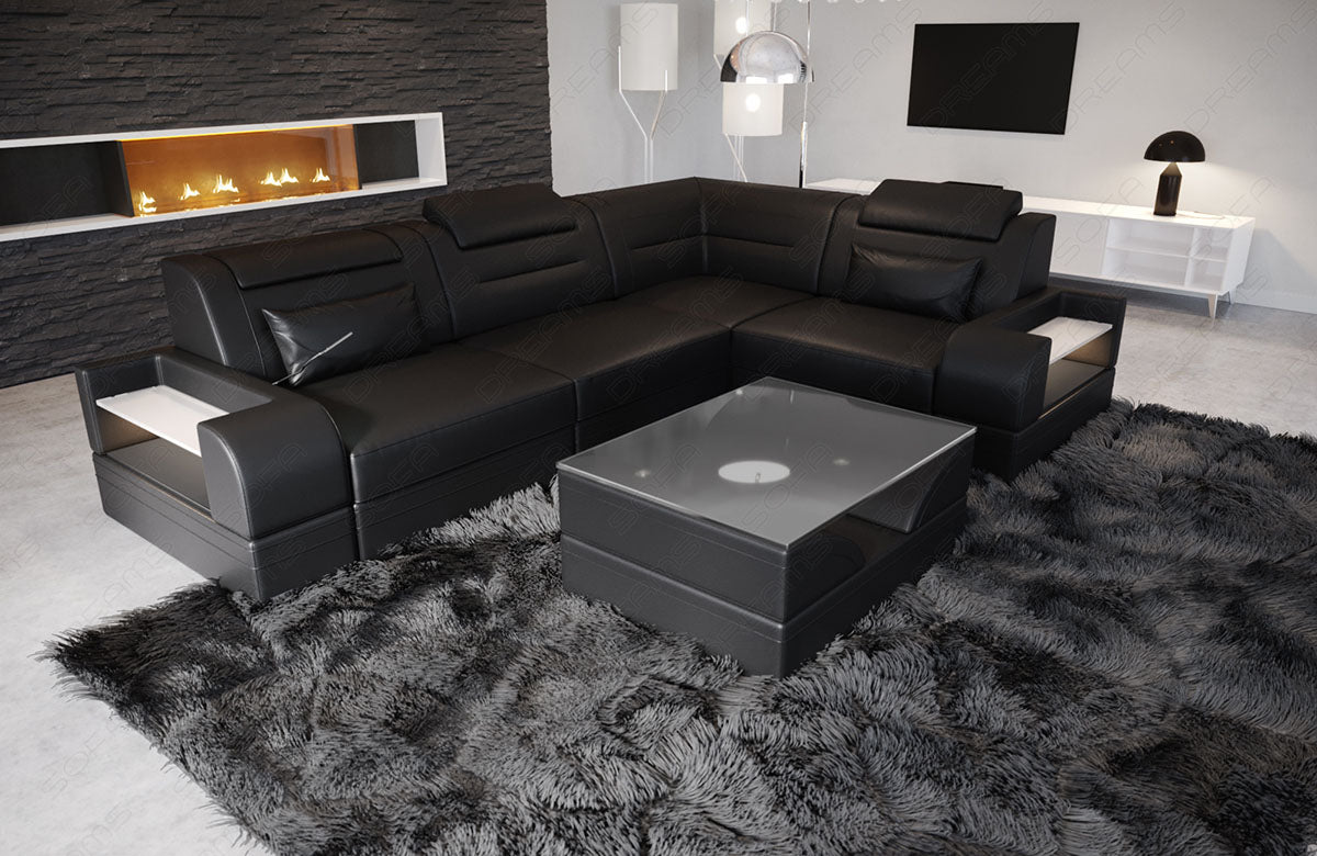 Leder Ecksofa Trivento L Form kurz komplett in schwarz mit LED-Beleuchtung