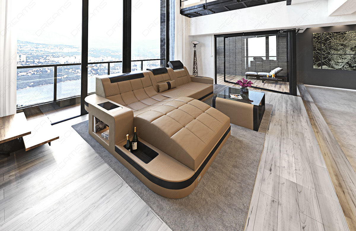 Leder Luxus Ecksofa Wave L Form in sandbeige - schwarz