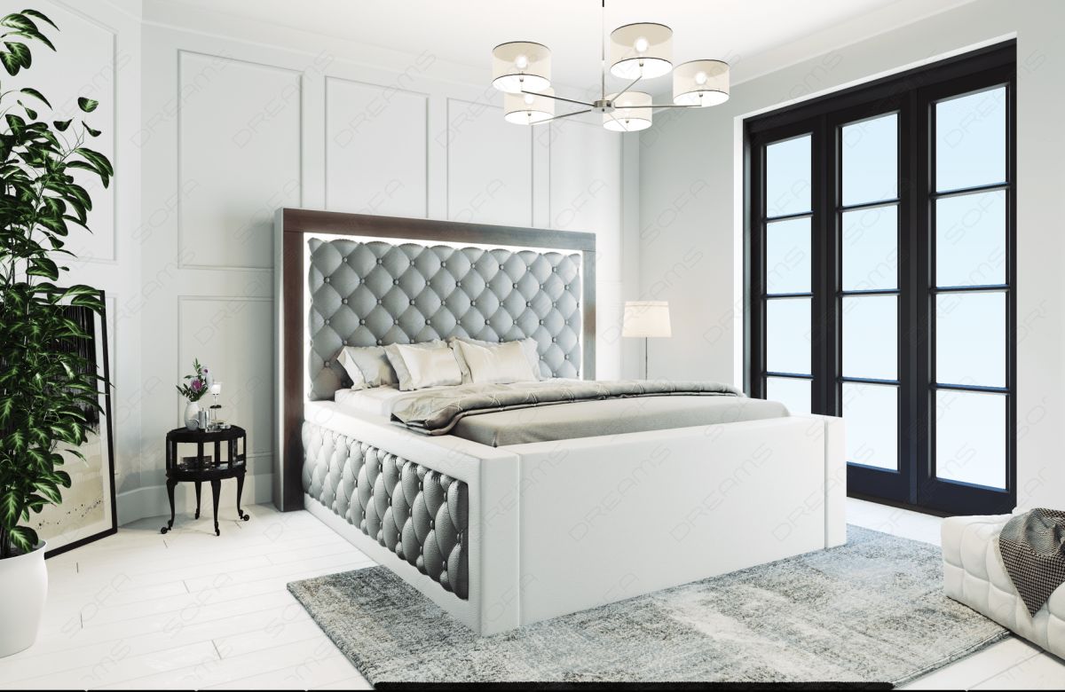 Luxus Komplettbett Varese - gesteppt - Kunstleder in grau-weiß