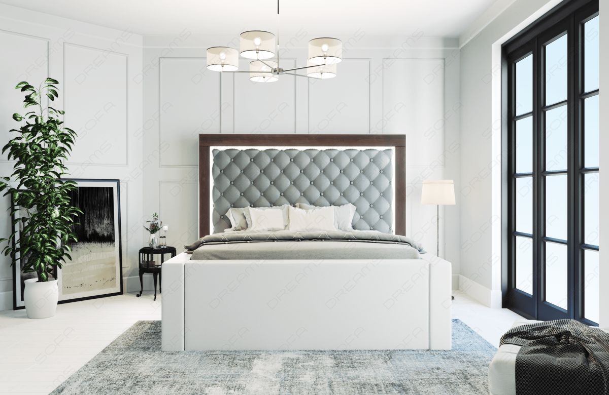 Luxus Komplettbett Varese - gesteppt - Kunstleder in grau-weiß
