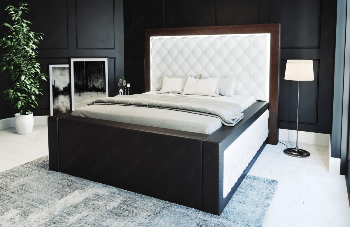 Luxus Komplettbett Varese - gesteppt - Kunstleder in weiß-schwarz