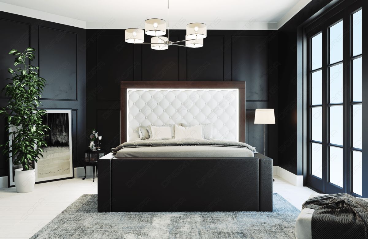 Luxus Komplettbett Varese - gesteppt - Kunstleder in weiß-schwarz